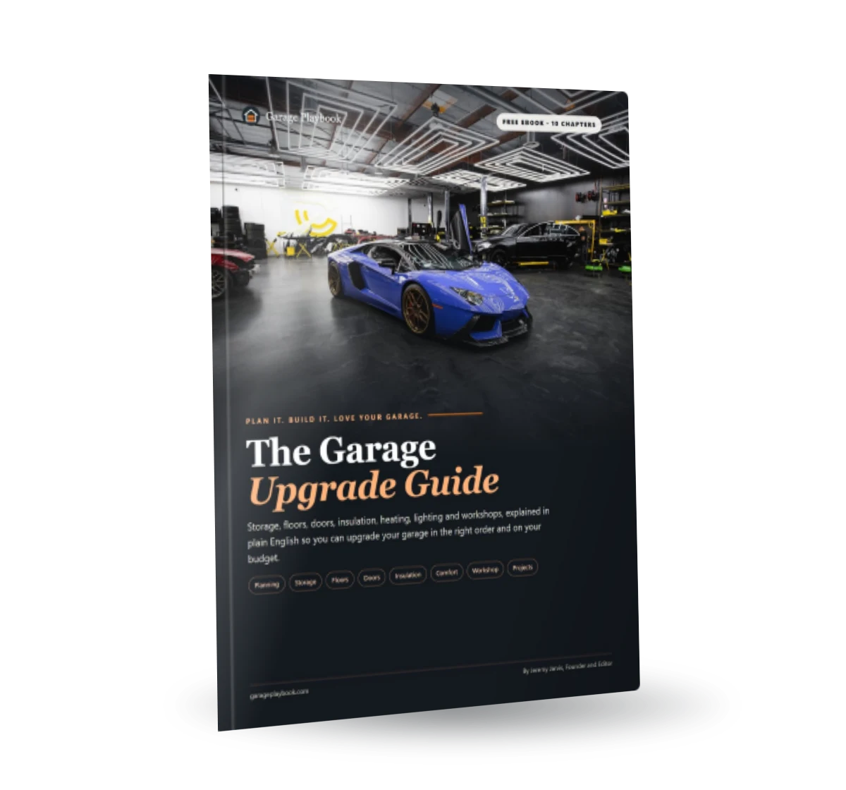 3D mockup of The Garage Upgrade Guide, a free garage improvement ebook