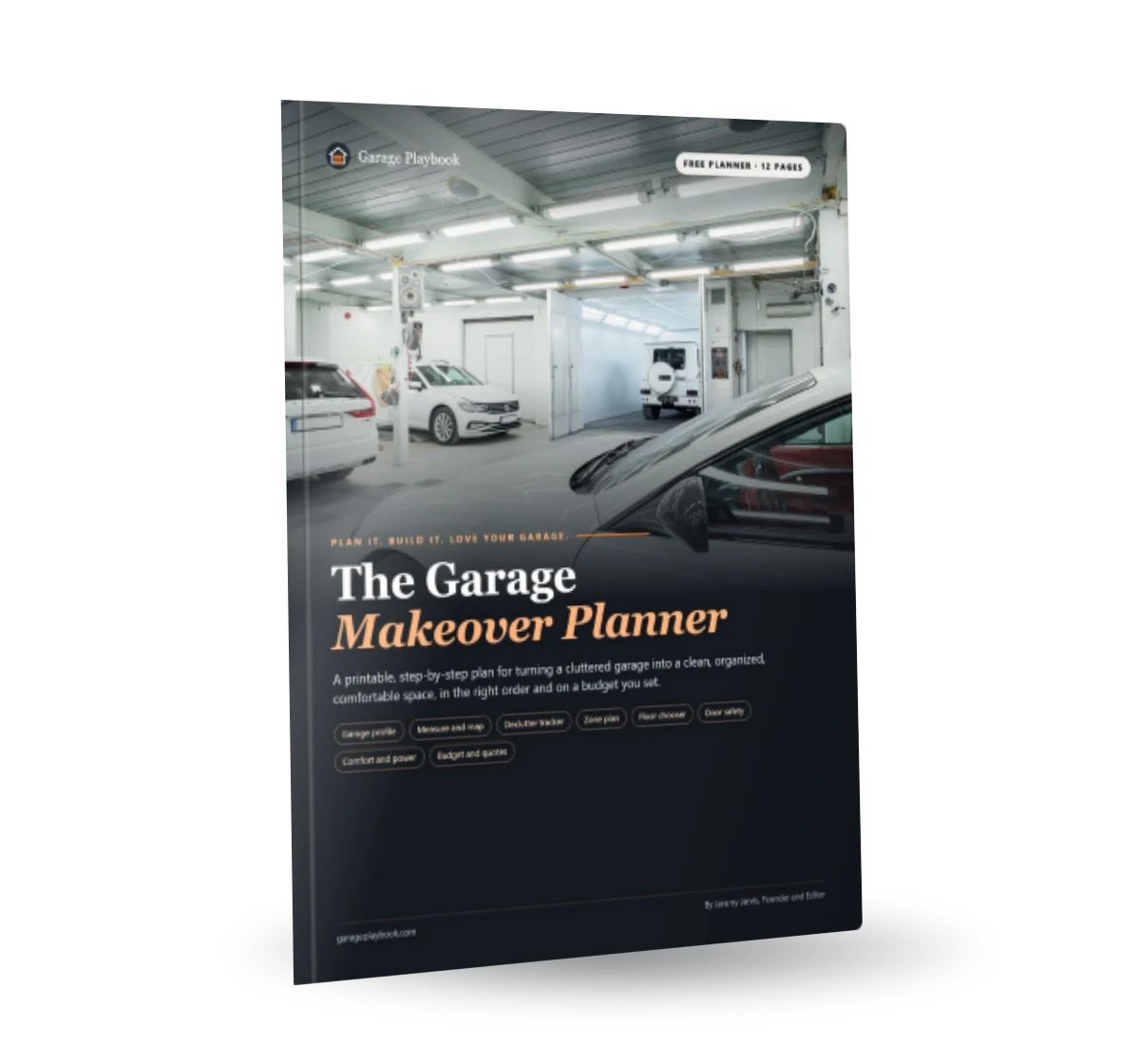 3D mockup of the free Garage Makeover Planner, a 12-page printable planner