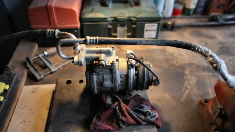Small air compressor on a worn workbench