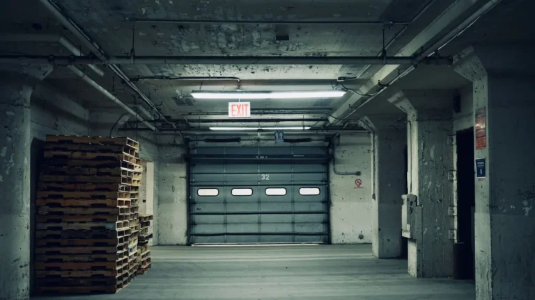 Industrial sectional garage door inside a concrete building