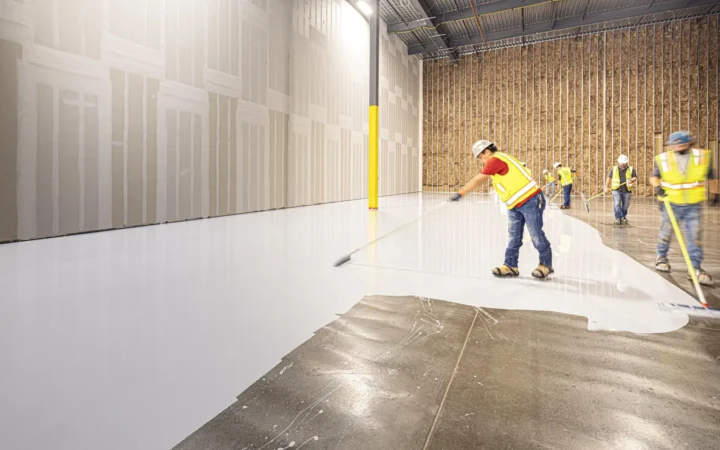 Workers in safety vests applying a floor coating in a large building