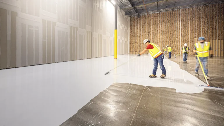 Workers in safety vests applying a floor coating in a large building