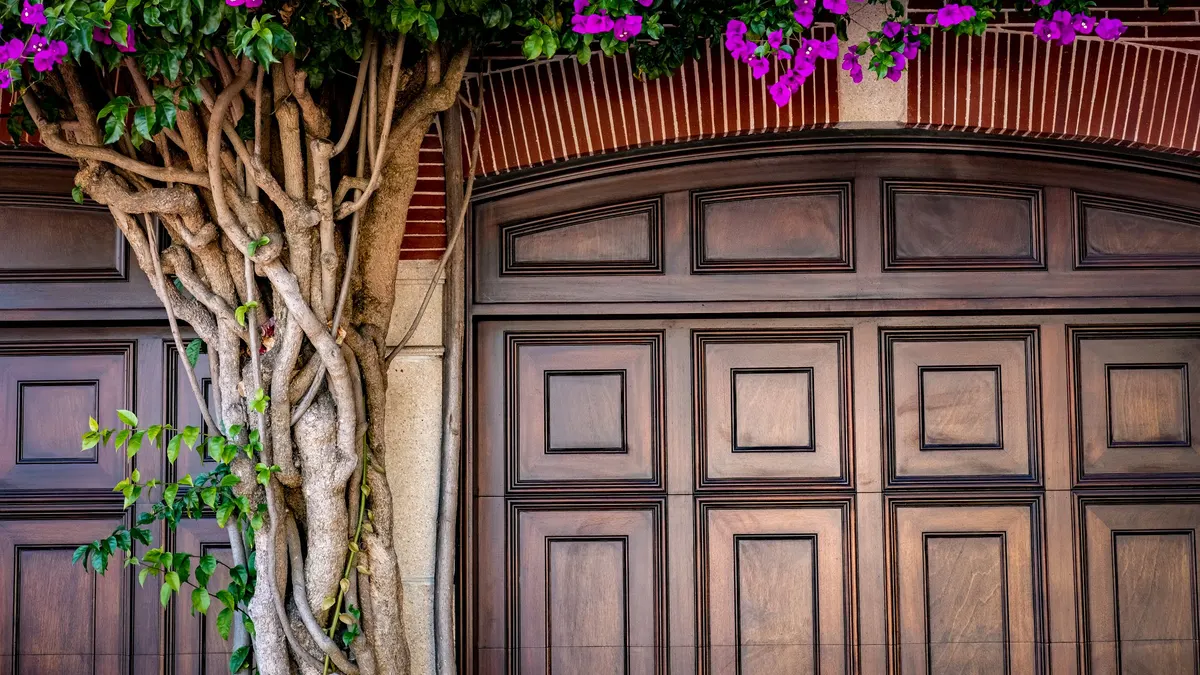 Carriage-style wooden garage door framed by a climbing vine
