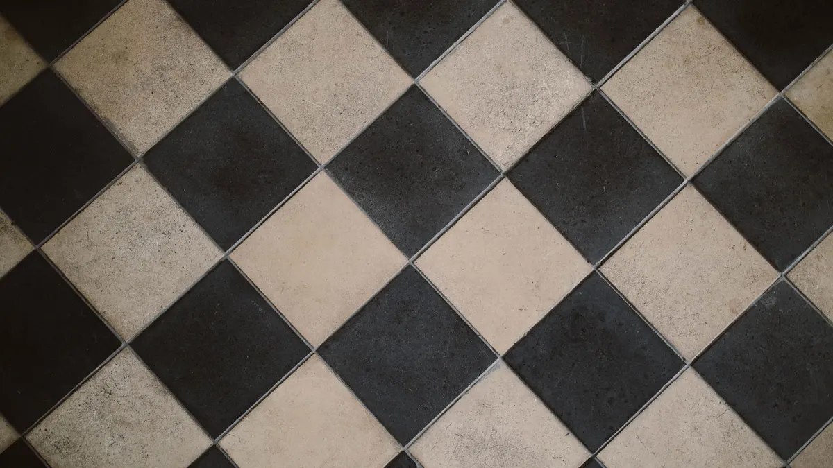 Black and white checkerboard floor tiles