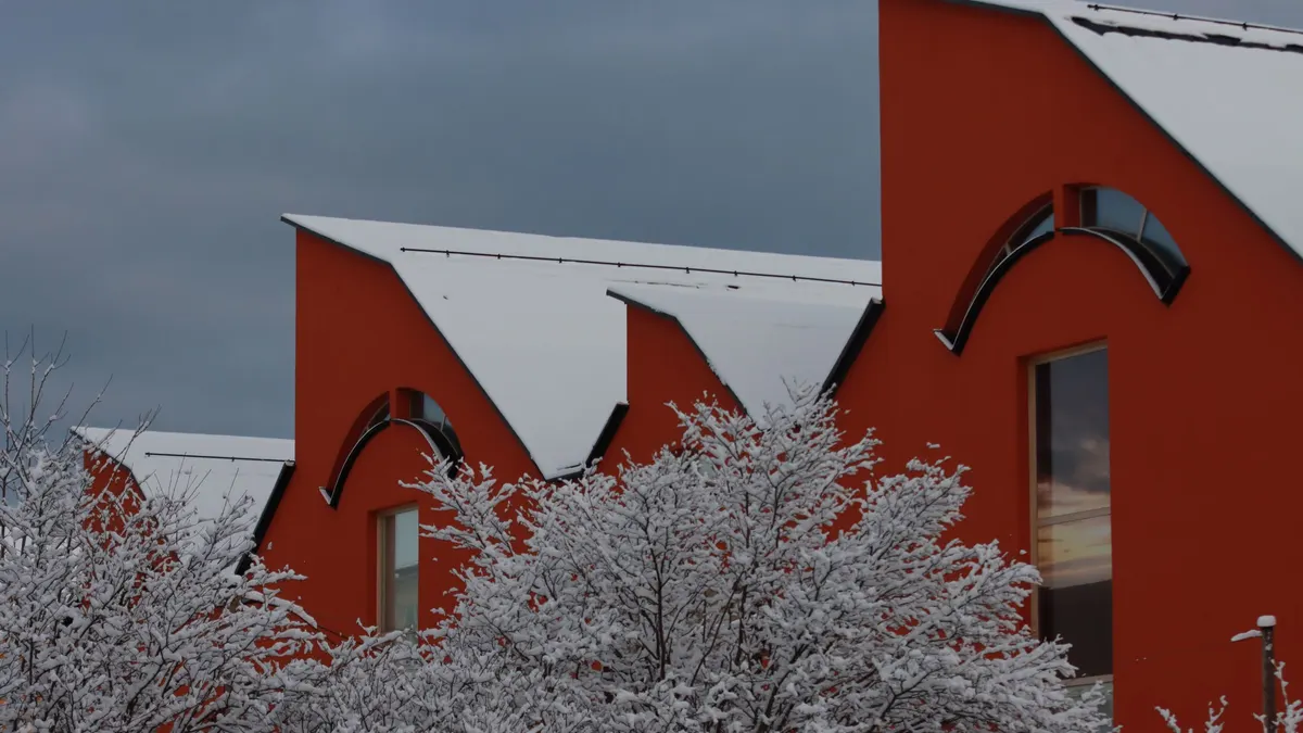 Snow-covered red houses and frosted trees on a winter day