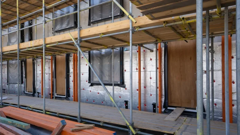 Building wall wrapped in insulation boards behind scaffolding