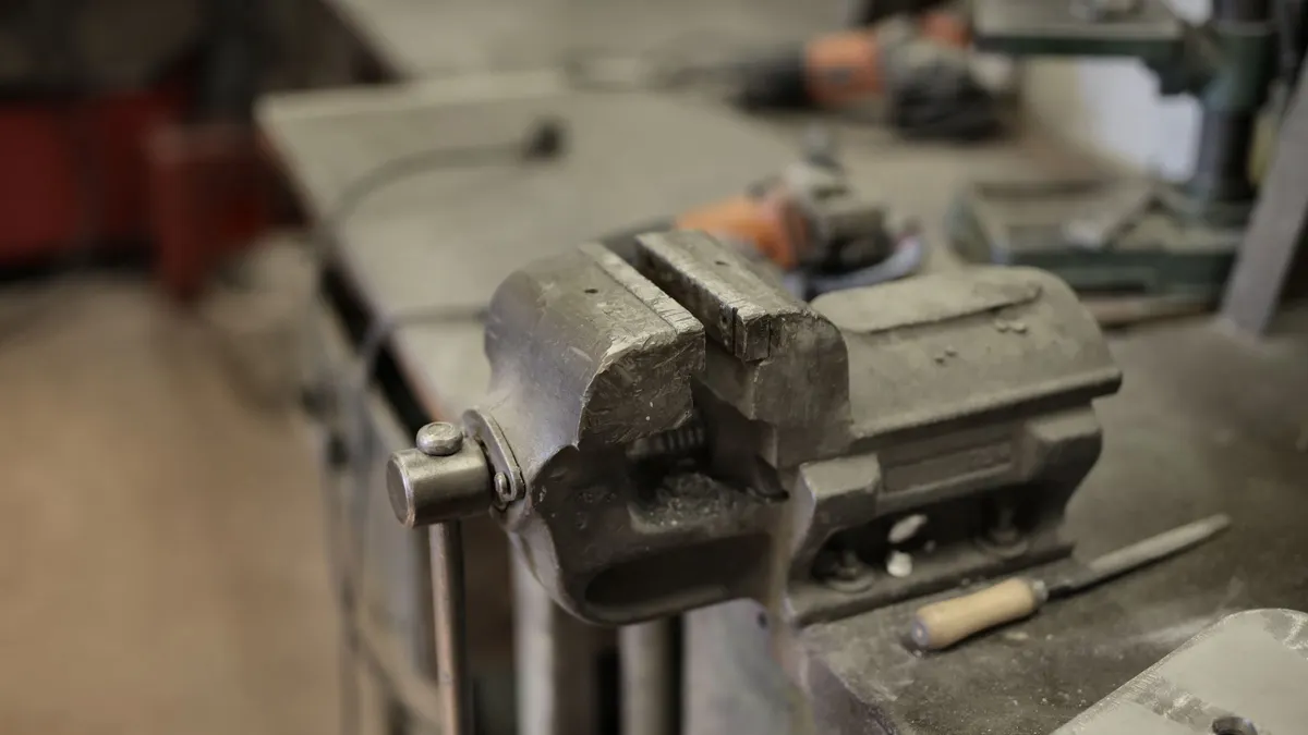 Close-up of a metal bench vise
