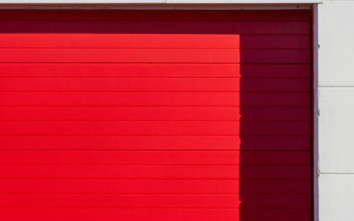 Red garage door panels in close-up