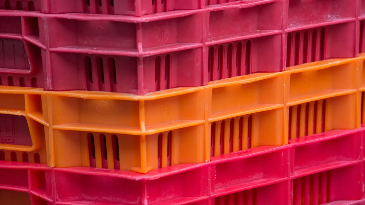 Stacked colorful plastic storage crates