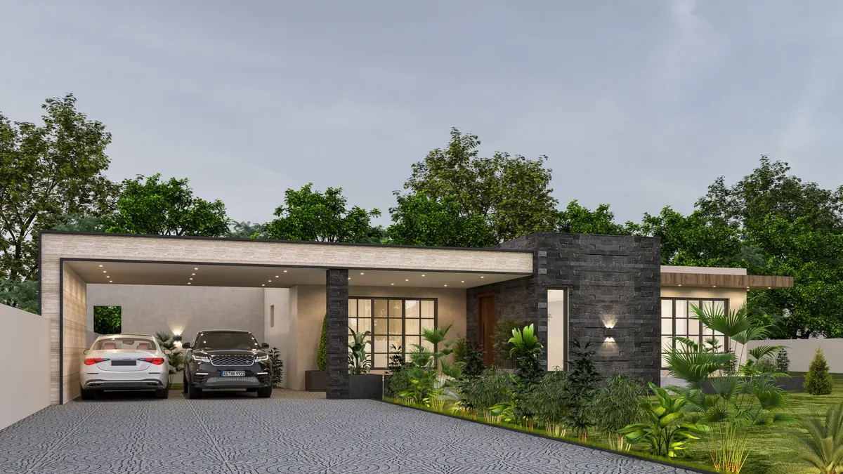 Modern house with an open two-car garage and parked cars