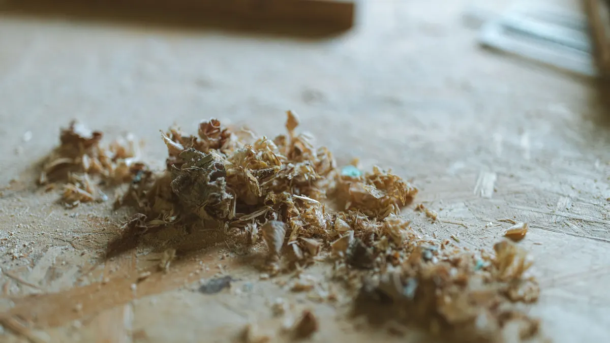 Sawdust and wood shavings on a work surface
